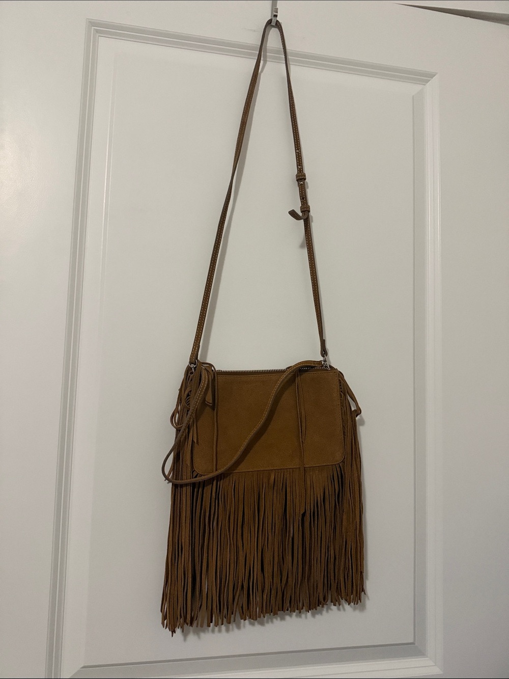 Zara tan suede fringe crossbody bag